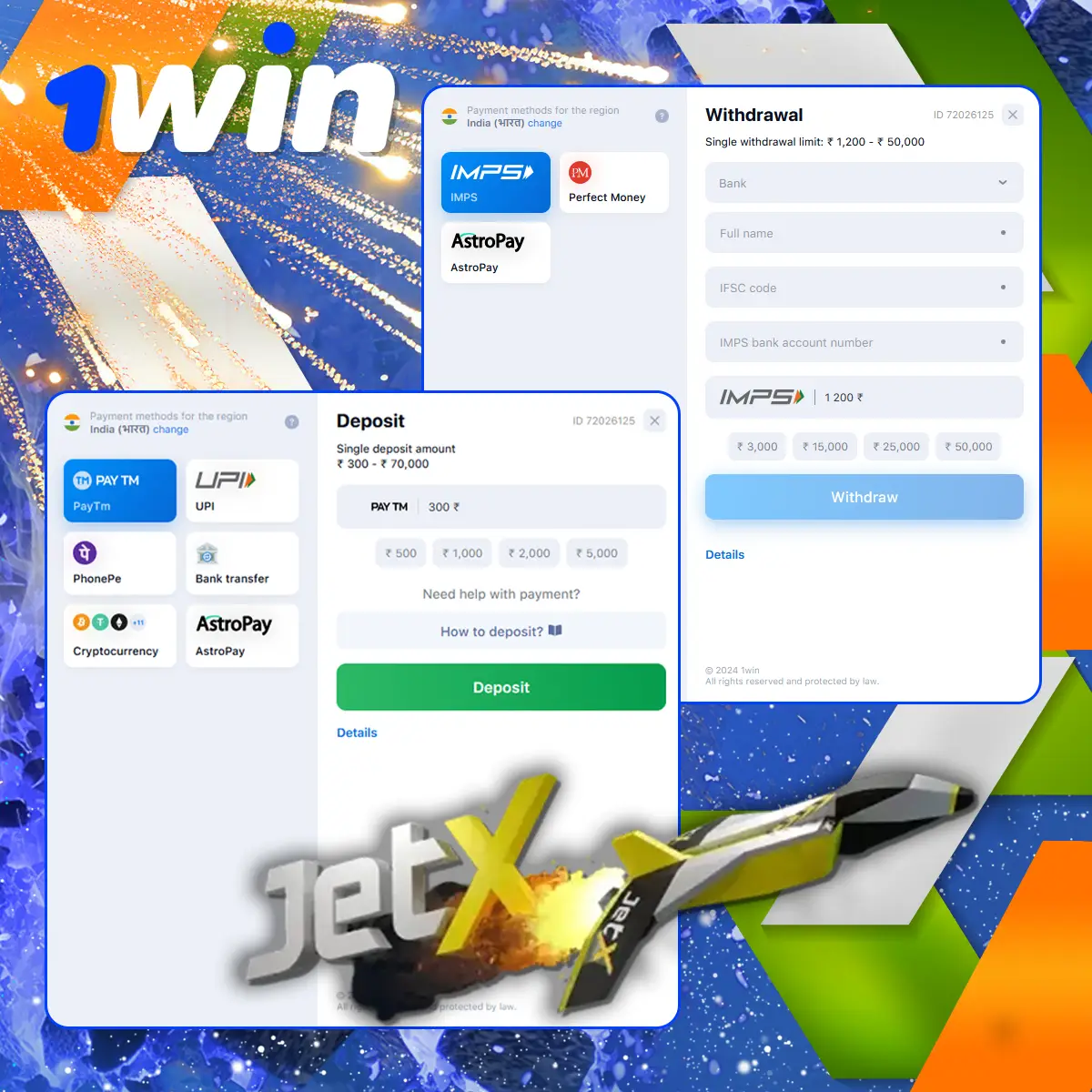 Payment metods for 1win JetX Players